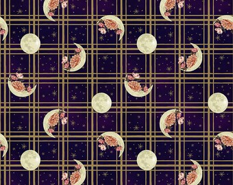 Midnight Rendezvous Moons with Flowers on Plaid in Dark Purple by Raquel Maciel for Blank Quilting 44 inches 100% Cotton Fabric BQ-2900-59