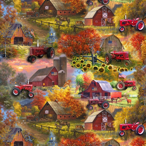 Farmall Patriotic Barns Red Tractor Nature in Multi by Sykel 44 inches wide 100% Cotton Quilting Fabric SYK-10525