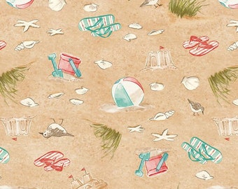 Beachy Keen Tossed Beach Items in Sand by Janelle Falke for Blank Quilting Fabrics 44 inches wide 100% Cotton Quilting Fabric BQ-2571-30