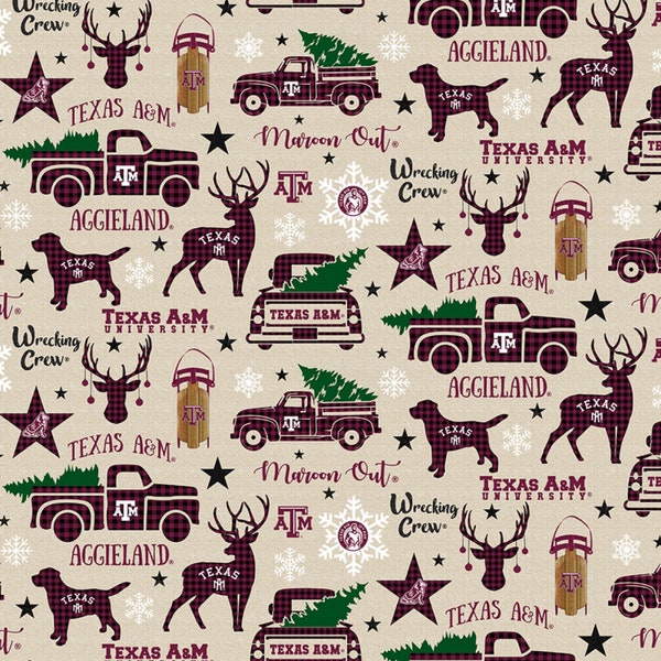 Texas A&M Aggies NCAA College Holiday Christmas Design 43 inches wide 100% Cotton Quilting Fabric TAM-1213