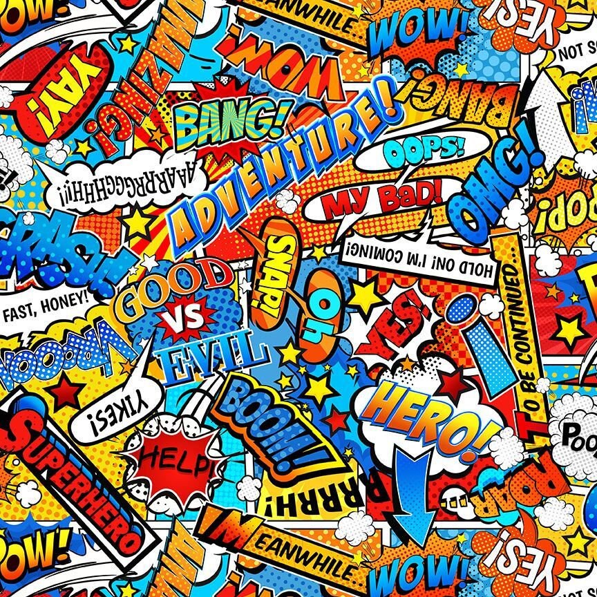 Smash Crash Bang Comic Book Word Bubbles Flannel Fabric 