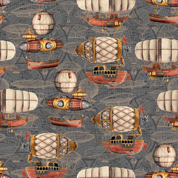 Time Travel Airships in Gray by Urban Essence Designs for Blank Quilting 44 inches wide 100% Cotton Quilting Fabric BQ-3008-95