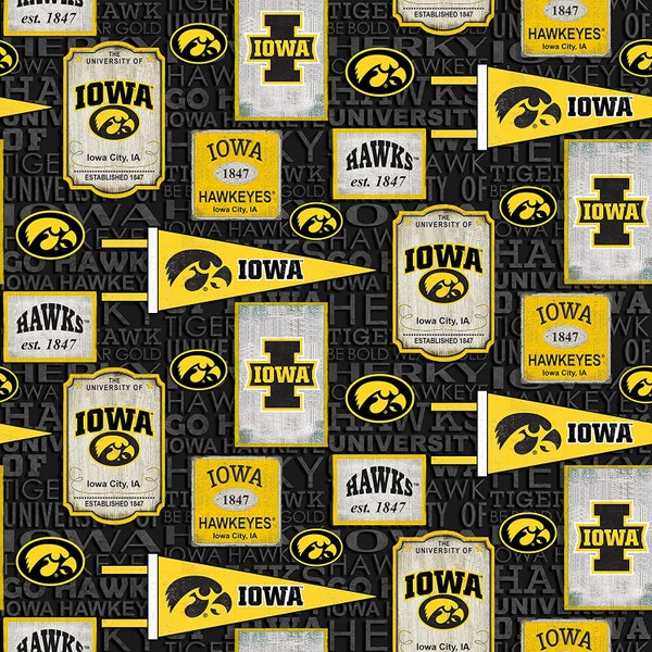 Iowa Hawkeyes NCAA College Vintage Pennant Design 43 inches wide 100% Cotton Quilting Fabric IA-1267