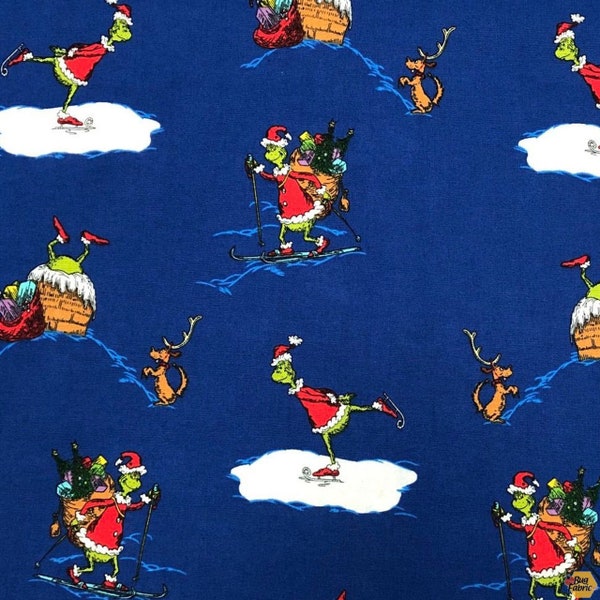 Dr. Seuss How the Grinch Stole Christmas Grinch on Snow in Royal Blue by Robert Kaufman 44 inches wide 100% Cotton Fabric RK-ADE-74874-11