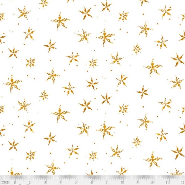 Gnomes Home Tree Farm Metallic Gold Stars in White by Audry Jeanne for P&B Textiles 44 inches 100% Cotton Quilting Fabric PB-GHTF-04707-W