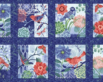 Bella Blue Birds Flowers and Songbirds Blocks Panel 24x44 inches in Indigo by Jennifer Brinley for Studio E 100% Cotton Fabric SE-7586-77