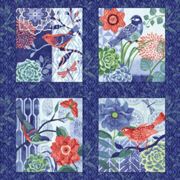 Bella Blue Birds Flowers and Songbirds Blocks Panel 24x44 inches in Indigo by Jennifer Brinley for Studio E 100% Cotton Fabric SE-7586-77