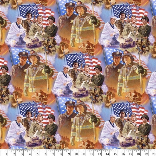 Heroes in America US Soldier Sailor Pilot Police Fire Fighter Digital Print by David Textiles 44 in 100% Cotton Fabric AL-3736-8C CW 1 Multi