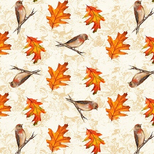 Autumn Splendor Tossed Leaves and Birds in Cream by Robert Giordano for Henry Glass 43 inches wide 100% Cotton Quilting Fabric HG 269-44