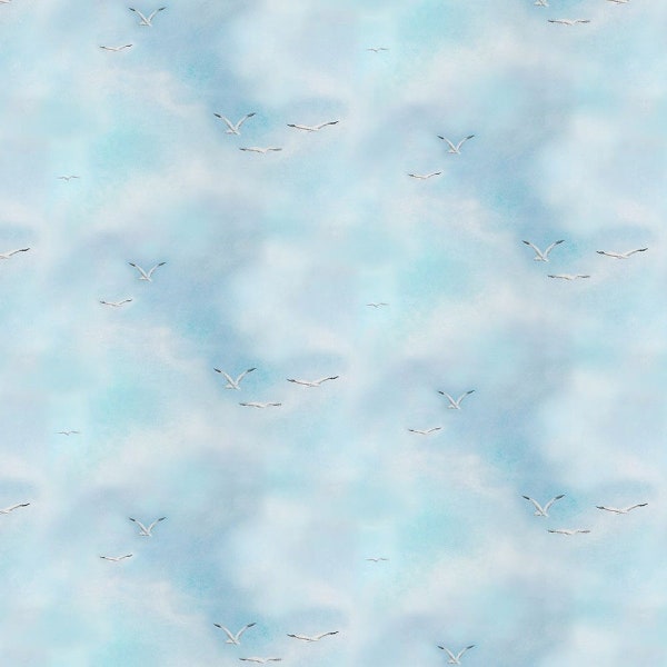 Turtle March Seagulls Flying Cloud Texture in Sky Blue by Lisa Marie Sparling for Henry Glass 44 inch 100% Cotton Quilting Fabric HG-1145-11