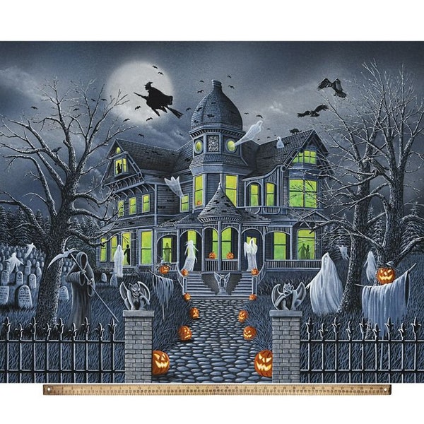 Halloween Ghostly Gathering Panel 36”X44" Haunted House Ghost Witch from Seasonal 2023 by David Textiles 100% Cotton Fabric DT-AL-5661-2C-1