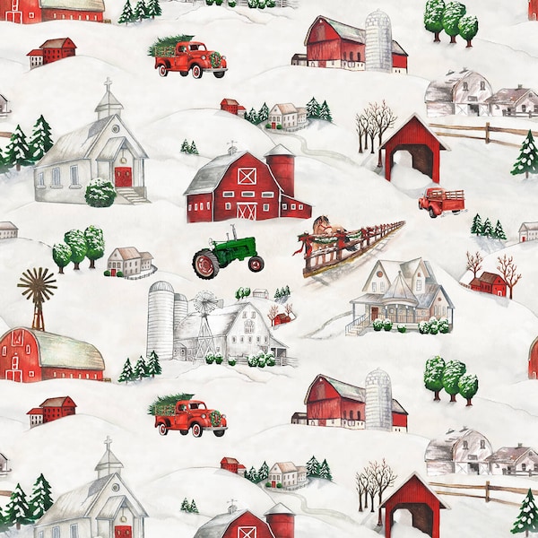 Wintry Mix Winter Scenic on White Red Barn Truck Horse Farm by Elizabeth Medley for Blank Quilting 44 in Cotton Quilting Fabric BQ 2295-01
