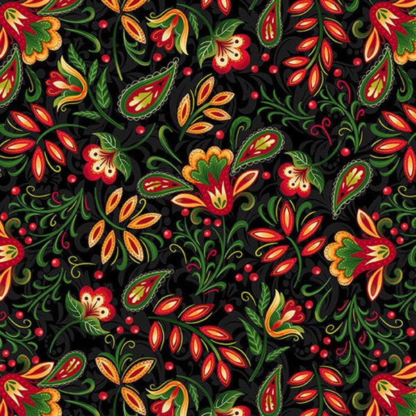 All Spruced Up Floral with Paisley in Black by Satin Moon Designs for Blank Quilting 44 inches 100% Cotton Quilting Fabric BQ-2765-99