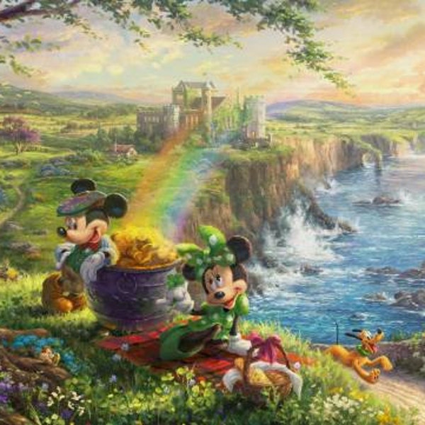 Disney St Patrick's Day in Ireland Panel 36 x 43in Mickey and Minnie Mouse Thomas Kinkade David Textiles Cotton Fabric DT-DS-2057-1C-1 Multi