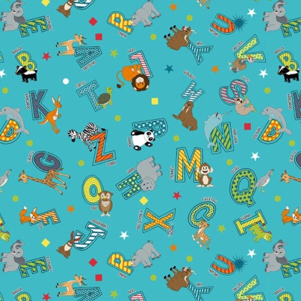 A to Zoo Tossed Animals And Letters in Turquoise by Hannah of Pencil & Ink Studio Blank Quilting 44 in wide 100% Cotton Fabric BQ-2653-75