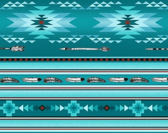 Arrows and Feathers Southwest Blanket Stripe Navaho Native Spirit in Turquoise Elizabeth's Studio 44" Cotton Fabric ES-530-Turq