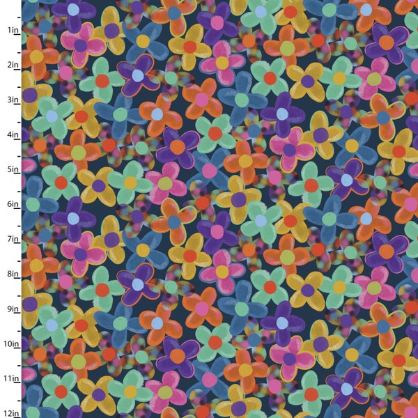 Rainbow Rhythm Retro Flowers in Navy by Lisa Perry for 3 Wishes Fabrics 44 inches wide 100% Cotton Quilting Fabric 3W-20701-NVY