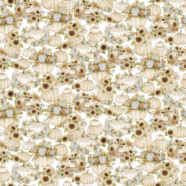 Autumn Elegance Pumpkin in White Metallic by Kitten Studio for Henry Glass Fabrics 44 inches wide 100% Cotton Quilting Fabric HG-730M-01