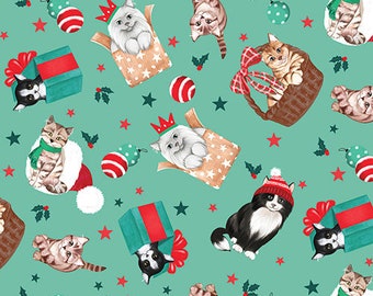 Santa Paws Purrfect Package in Green by Jo Taylor for 3 Wishes 44 inches wide 100% Cotton Quilting Fabric 3W-20754-GRN