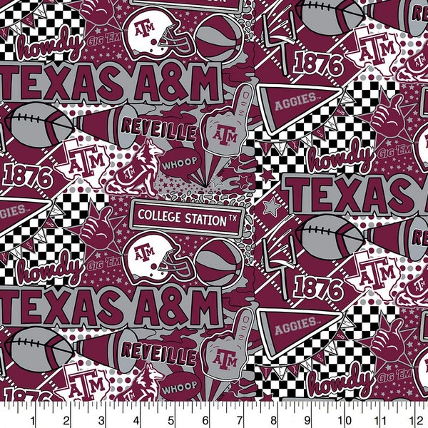 Texas A&M Aggies NCAA College Pop Art Graffiti Design 43 inches wide 100% Cotton Quilting Fabric TAM-1165