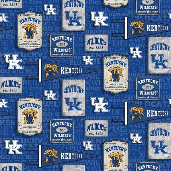 Kentucky Wildcats NCAA College UK Vintage Pennant Design 43 inches wide 100% Cotton Quilting Fabric KY-1267