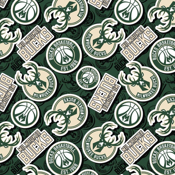 Milwaukee Bucks NBA 2023 Sticker Toss in Green by Camelot Fabrics 44 inches wide 100% Cotton Quilting Fabric NBA-83MIL203-01