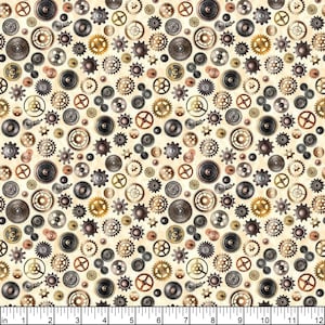 Steampunk Adventures Gears Toss in Ecru Cream by Dan Morris for Quilting Treasures 44 inches wide 100% Cotton Quilting Fabric QT-29565-E