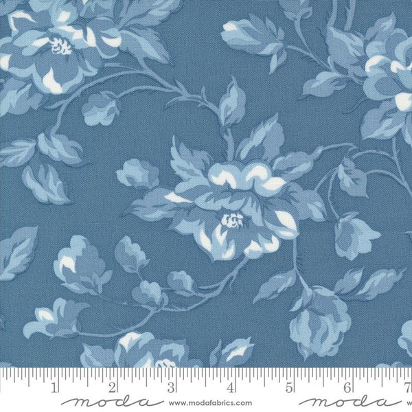 Shoreline Cottage Large Floral in Medium Blue by Camille Roskelley for Moda Fabrics 44 inches wide 100% Cotton Quilting Fabric MD-55300-23