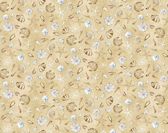 Beach Bound Tossed Seashells in Beige by Barb Tourtillotte for Henry Glass Fabrics 44 inches wide 100% Cotton Quilting Fabric HG-602-44