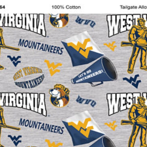 West Virginia Mountaineers NCAA College WVU Tailgate Allover 42 inches wide  100% Cotton Quilting Fabric WV-1164