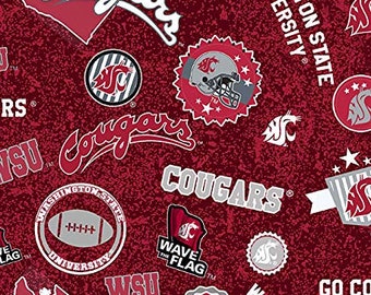 Washington State Cougars NCAA College Home State  Design 43 inches wide 100% cotton quilting fabric WAST-1208