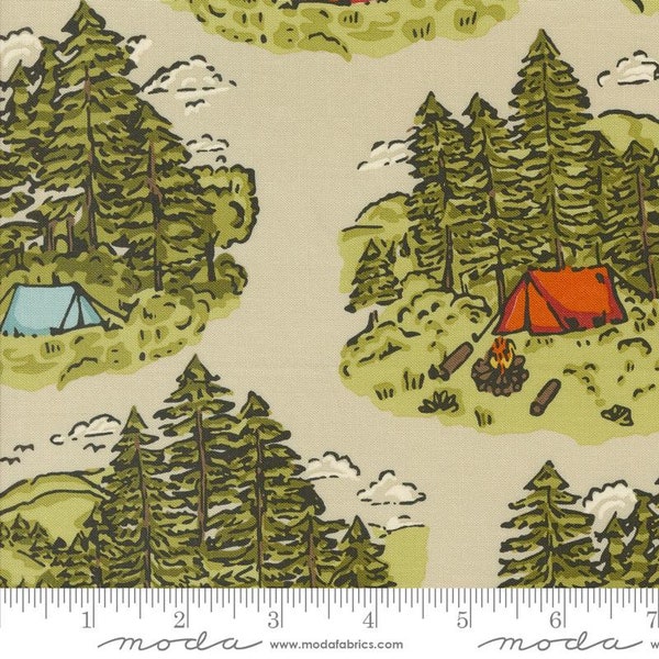 The Great Outdoors Vintage Camping in Sand Tan by Stacy lest Hsu for Moda 44 inches wide 100% Cotton Quilting Fabric MD-20880-12