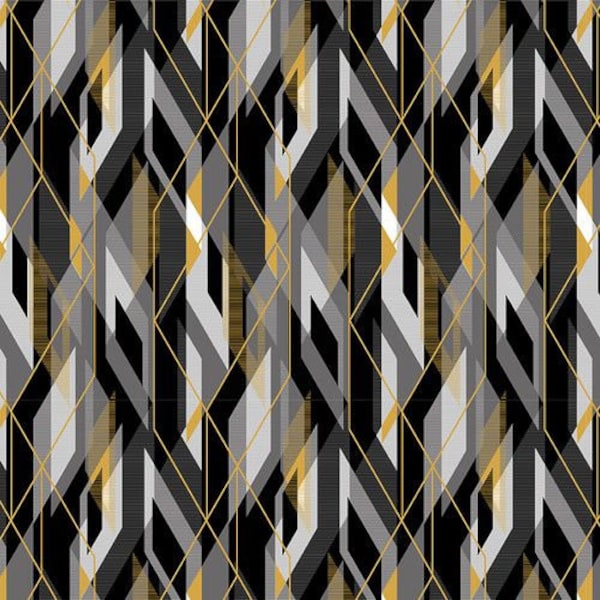 Black, White & 24 Karat Diagonal Planes in Black by Color Principle for Henry Glass 44 inches wide 100% Cotton Quilting Fabric HG-2865M-99