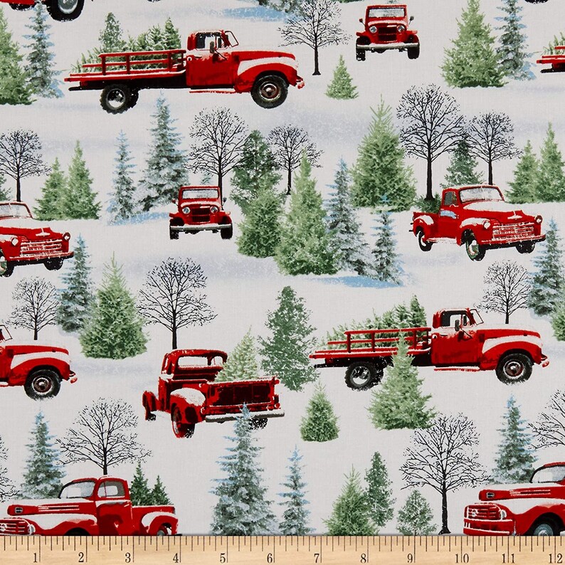 Tradition Continues Red Truck Trees Scenic design by Jan Shade Beach for Henry Glass 44 inches wide 100/% Cotton Fabric HG-9099-86