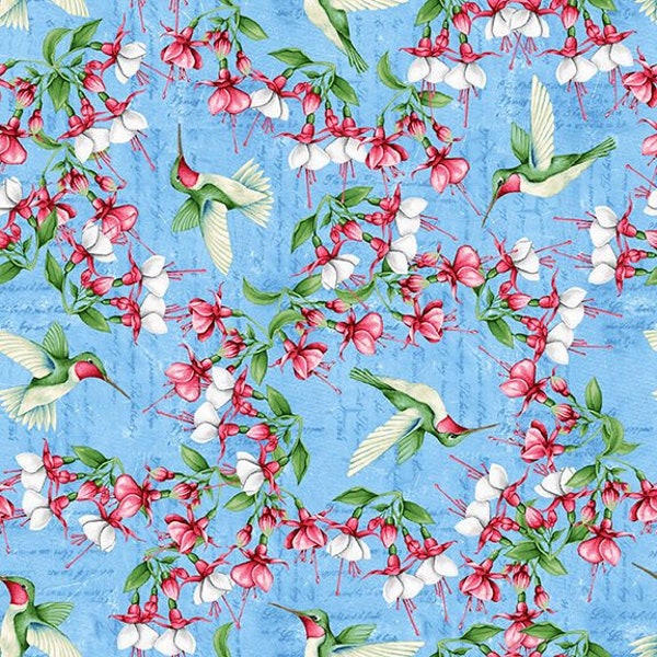 Tropical Vibes Hummingbirds in Light Blue by Emma Leach for Blank Quilting  Fabrics 44 in wide 100% Cotton Quilting Fabric BQ-2373-70-LtBlue