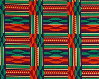 African Kente Grid with Gold Metallic design by David Textiles 44 inches wide 100% Cotton Fabric DX-2443-0C-1 Blue Orange Multi