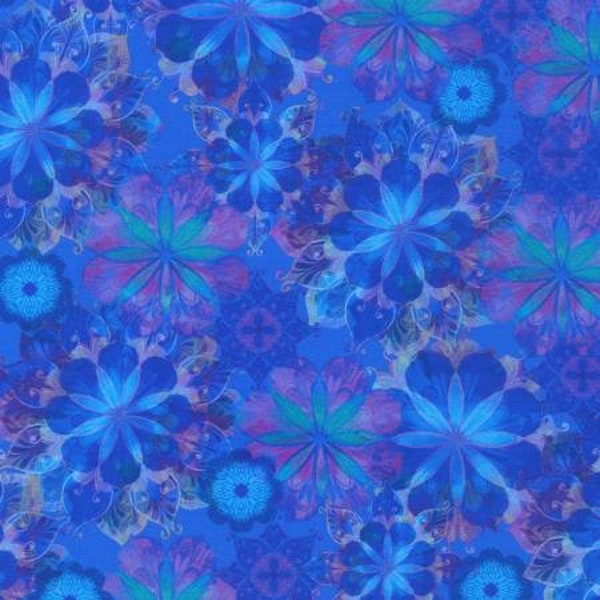 Venice Flower Blossom Collage in Lapis Blue by Christiane Marques for Robert Kaufman 44 in wide Cotton Quilting Fabric RK-AQSD-19722-228