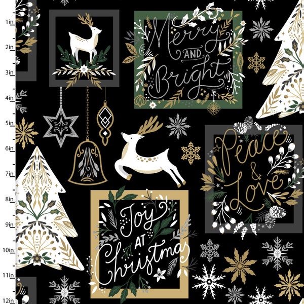 Christmas Shine Patch with Silver Glitter in Black by Louise Allen for 3 Wishes 44 inches wide 100% Cotton Quilting Fabric 3W-20713-BLK