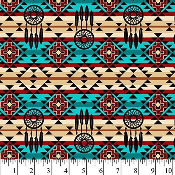 Dreamcatchers Native in Turquoise by David Textiles 44 inches wide 100% Cotton Fabric DT DT-5363-6C-2