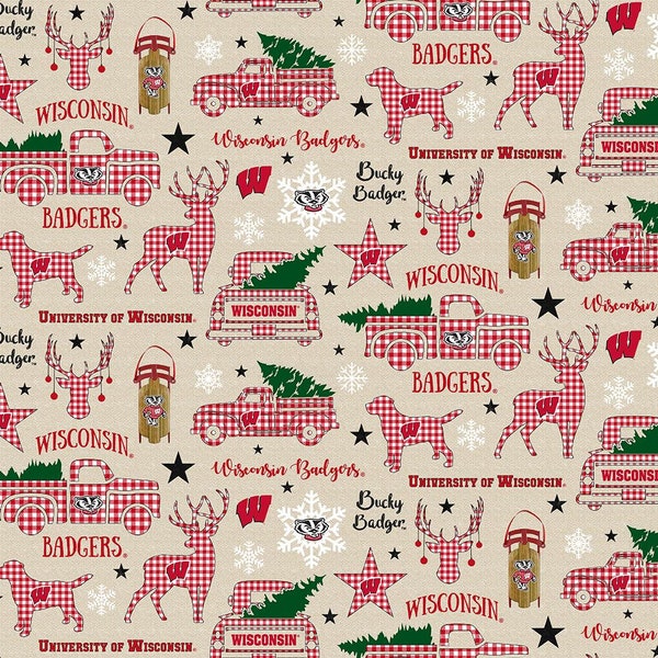 Wisconsin Badgers NCAA College  Christmas Holiday Design 43 inches wide 100% Cotton Quilting Fabric WIS-1213