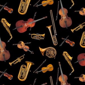 Musical Instruments in Black Jazz Violin Cello Trumpet Saxophone by Elizabeth's Studio 44 inches wide 100% Cotton  Fabric ES-649 Black