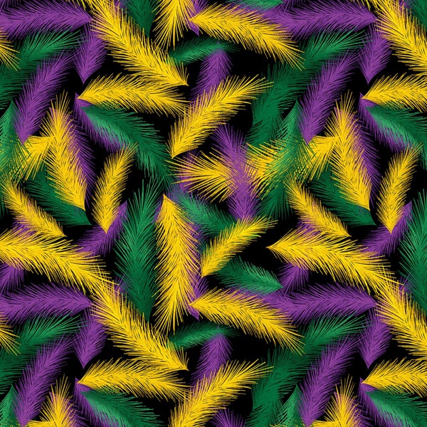 Mardi Gras Tossed Feathers in Black Multi by Alessandra Gavin for Henry Glass 44 inches wide 100% Cotton Quilting Fabric HG-1081-94