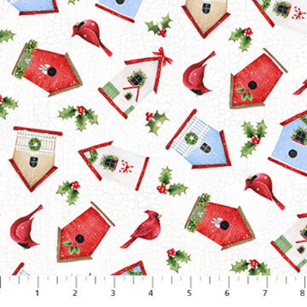 Winter Welcome Birdhouse Cardinal Toss in White by Northcott Fabrics 43 inches wide 100% Cotton Fabric NC-24093-10