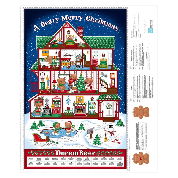 Last BOLT!!! Merry Beary Advent Calendar Sew N Go VIII 36 x 44 inches cut by Quilting Treasures 100% Cotton Fabric QT-1649-27255-Y