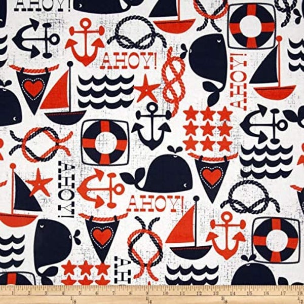 Ahoy Matey Nautical Motifs in White distressed by Michael Miller 43 inches wide 100% Cotton Quilting Fabric MM DC 5697 Navy