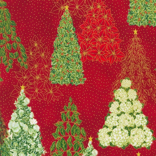 Holiday Flourish Snow Flower Christmas Trees in Crimson Red by Robert Kaufman 44 inches wide 100% Cotton Quilting Fabric RK-SRKM-21598-91