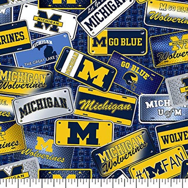 Michigan Wolverines NCAACollege  License Plate Design 43 inches wide 100% Cotton Quilting Fabric MCHG-1210