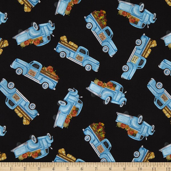 Happy Harvest Trucks Blue in Black by Timeless Treasures 44 in wide 100% Cotton Quilting Fabric TT-CD1426-Black