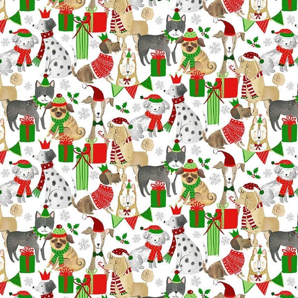 Happy Howlidays Dogs with Present in White by Timeless Treasures 44 inches wide 100% Cotton Quilting Fabric TT-HOLIDAY-CD1953-WHITE