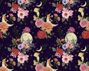 Midnight Rendezvous Moons with Flowers and Cactus in Dark Purple by Raquel Maciel for Blank Quilting 44 inches 100% Cotton Fabric BQ-2895-59